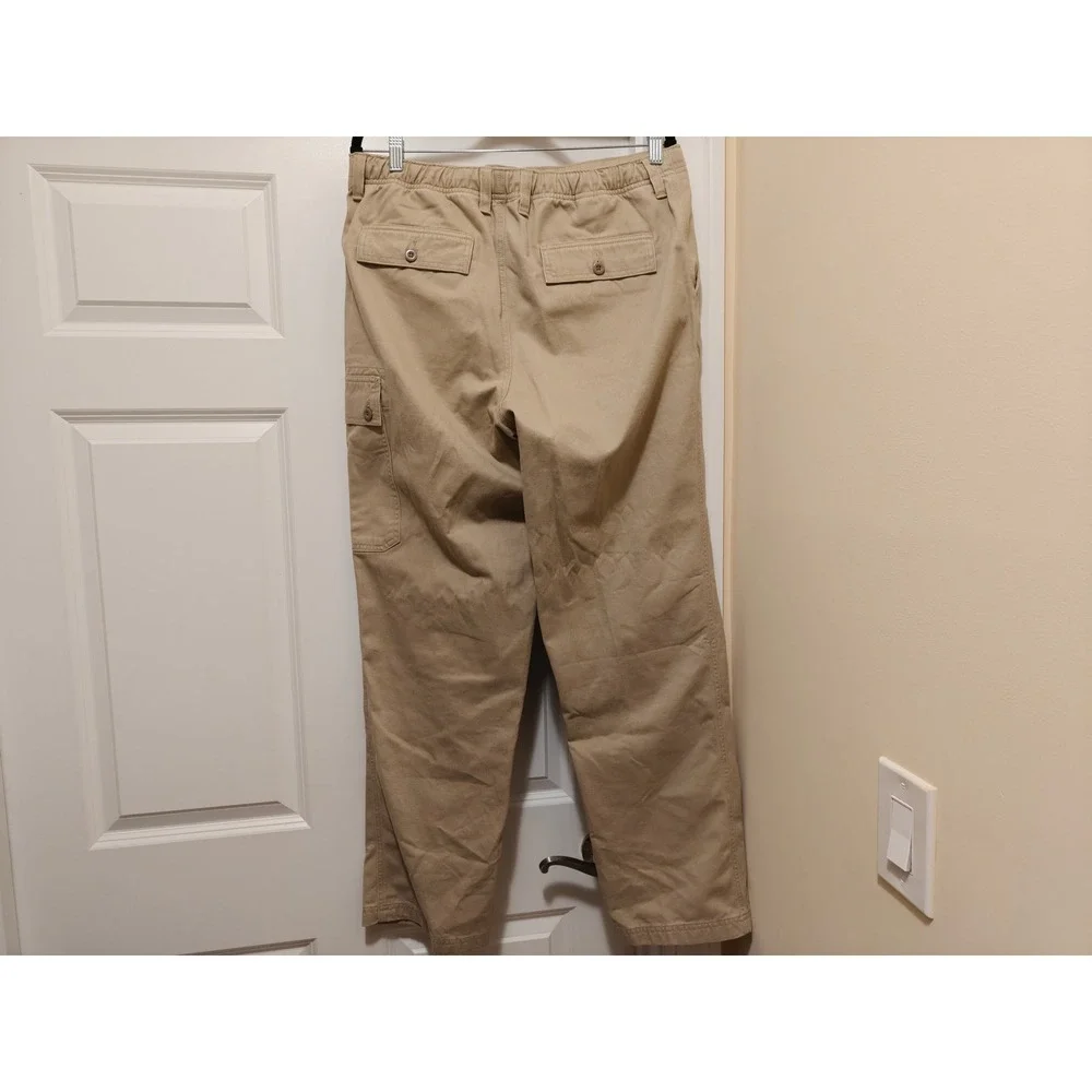 Lands End Mens Khaki Cargo Pants Tan Cotton Elastic Waist Straight Leg 32-34 M